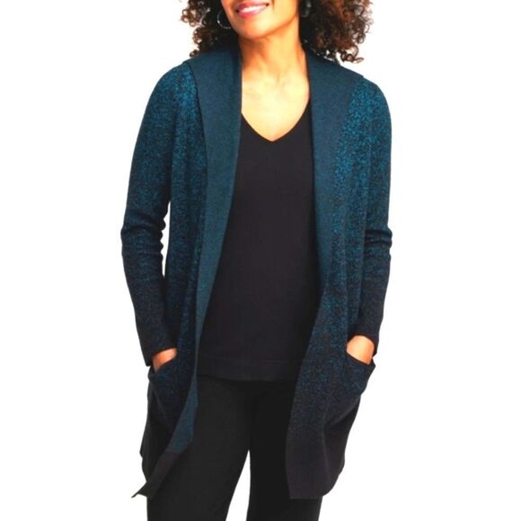 Chico's Zenergy Luxe Ombre Black & Teal Hooded Open Cardigan Sweater Womens L - Picture 1 of 7